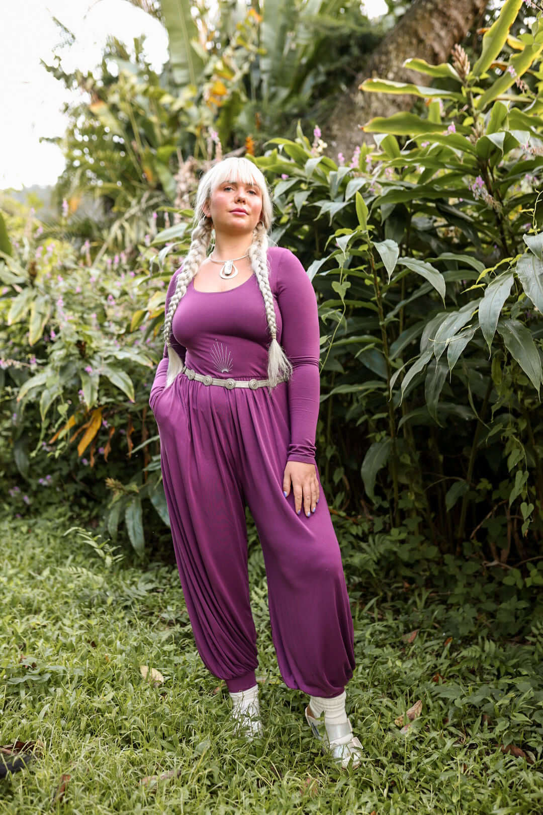 Purple long sleeve jumpsuit on sale